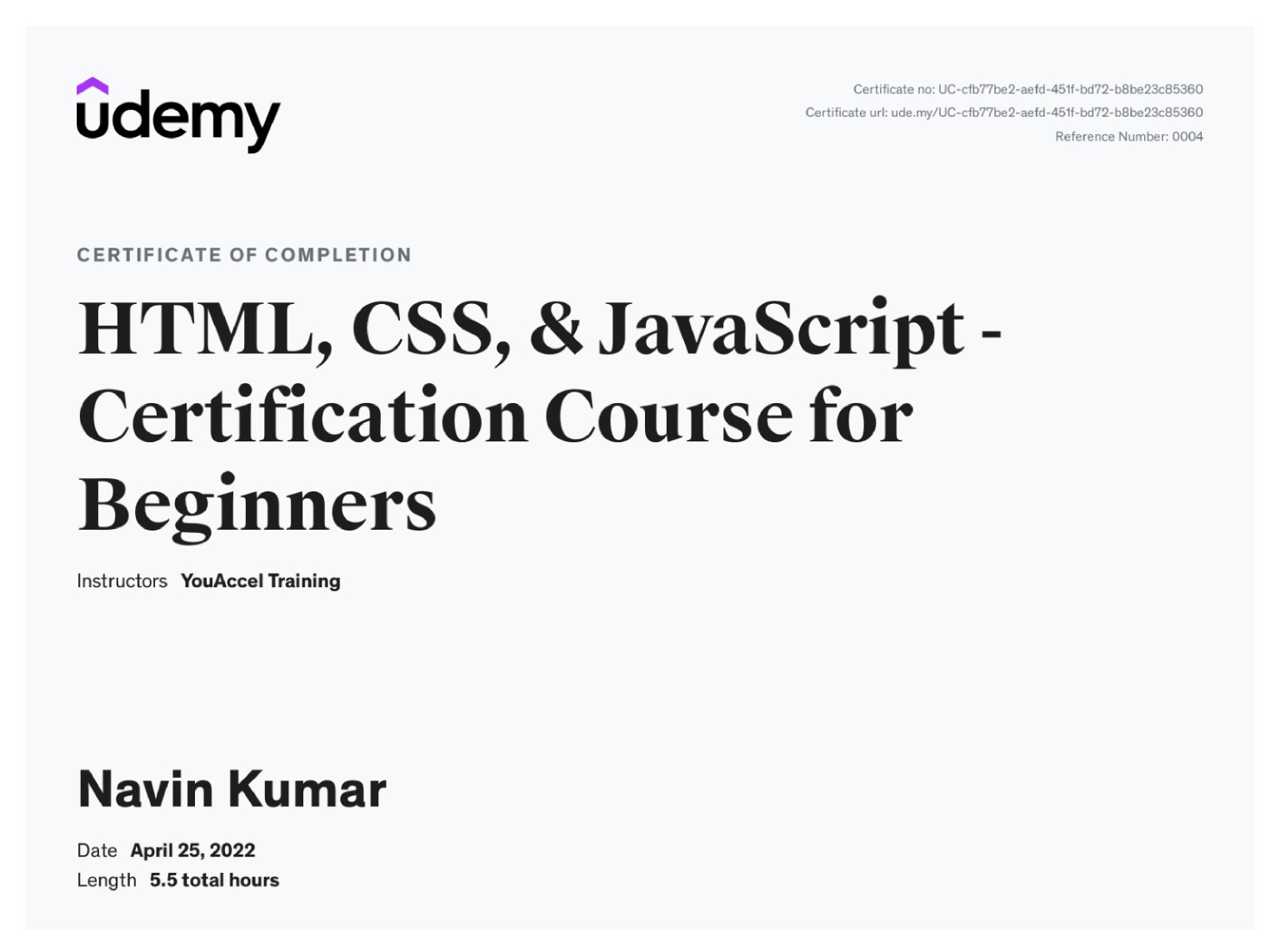 HTML, CSS and JavaScript certificate from Udemy and YouAccel Training