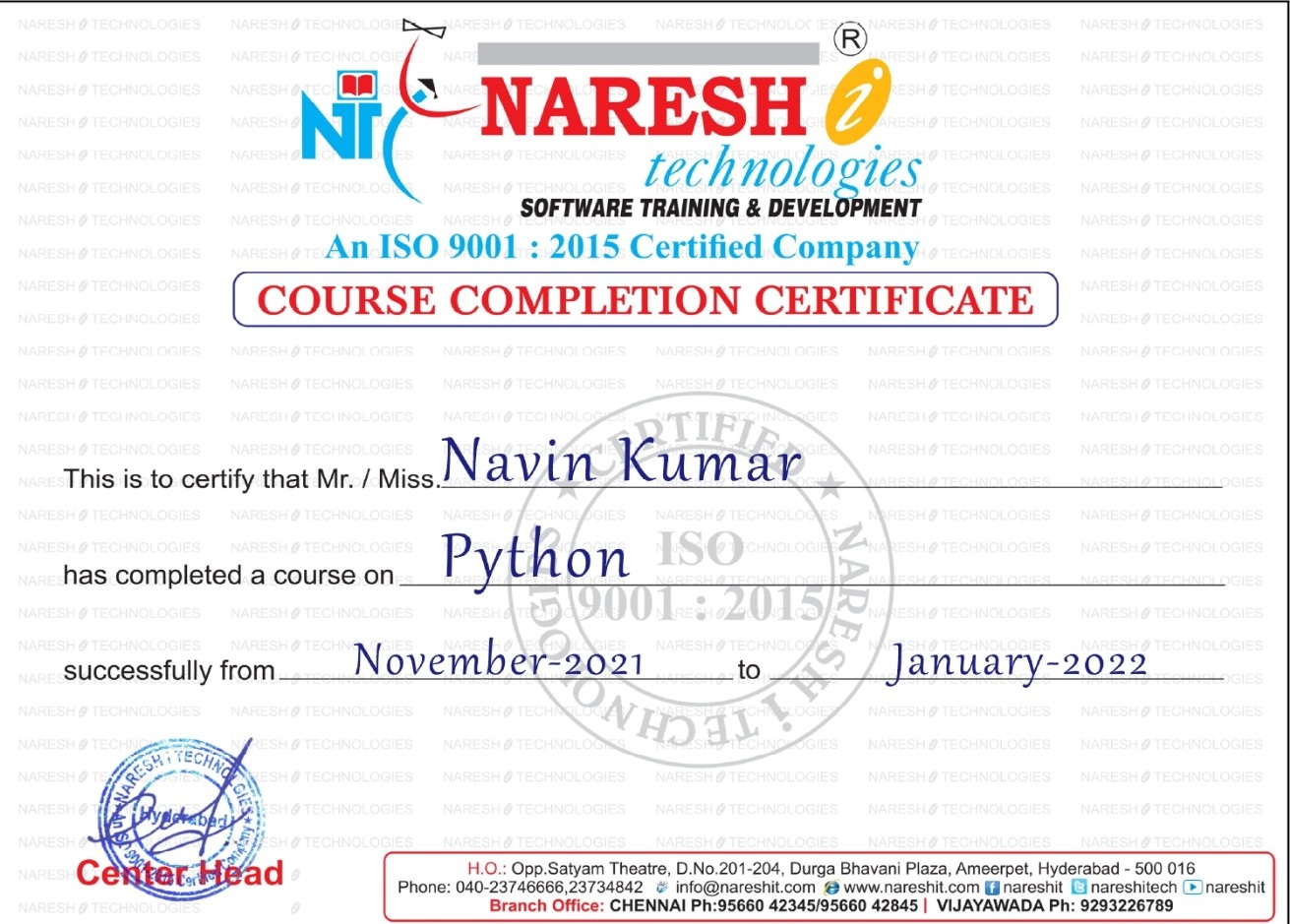 Python course completion certificate from Naresh i Technologies